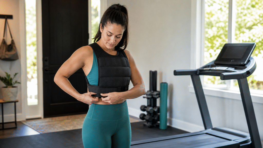 Woman adjusting a weighted vest before a walking workout