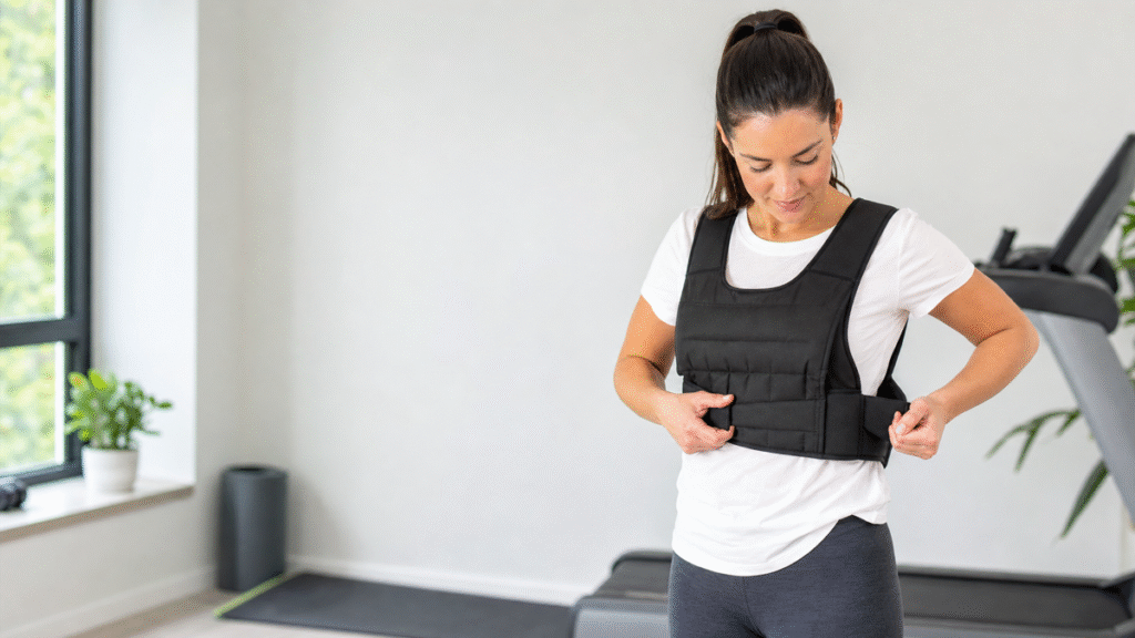 Beginner adjusting a weighted vest before a walking workout