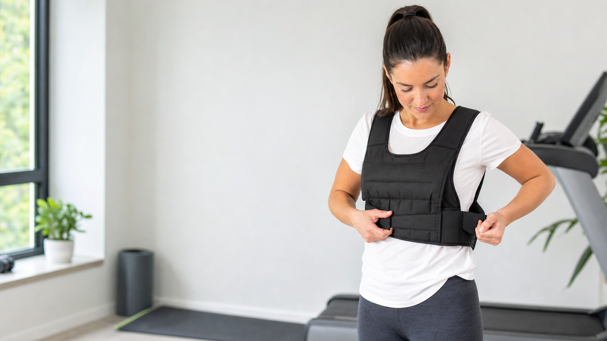 Beginner adjusting a weighted vest before a walking workout