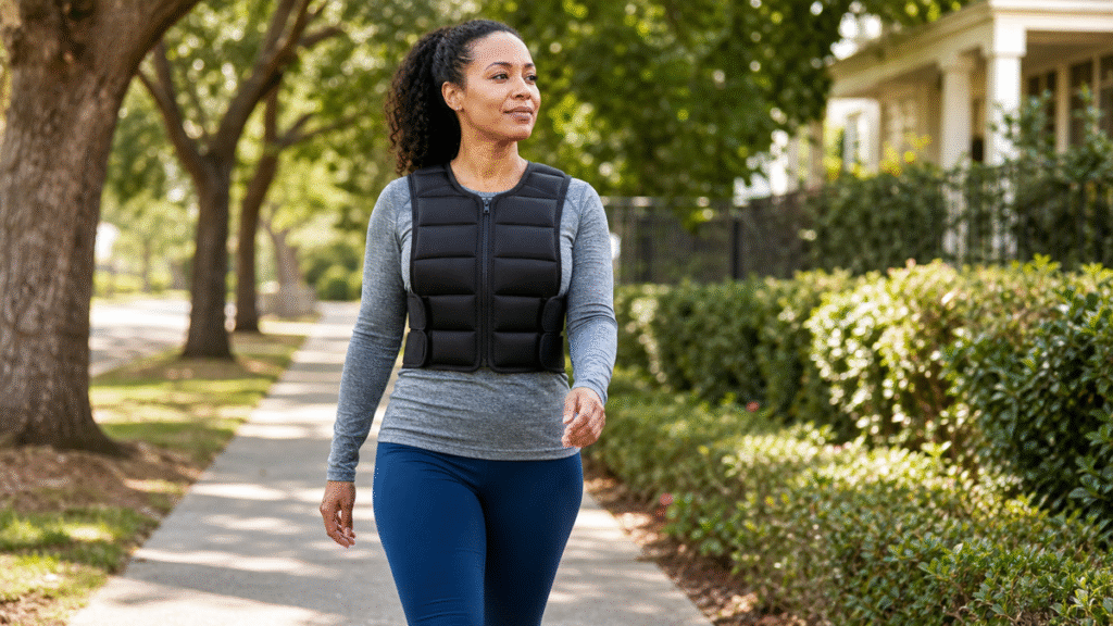 Person walking outside with a weighted vest for a low-impact workout