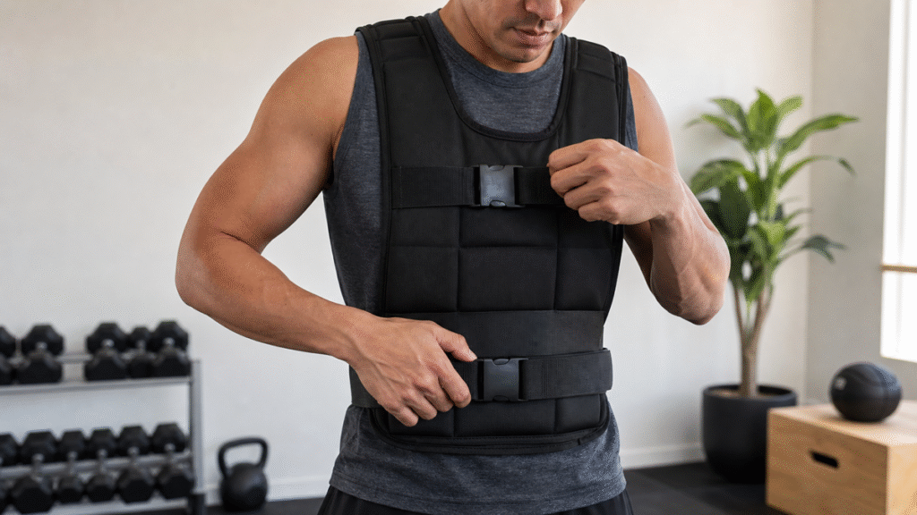 Person adjusting the straps of a weighted vest for a secure fit