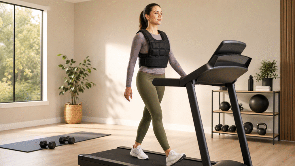 Beginner weighted vest treadmill workout on a home treadmill
