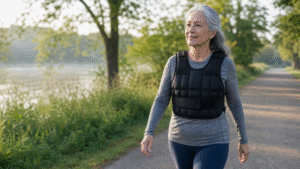 Woman over 50 walking outdoors with a weighted vest