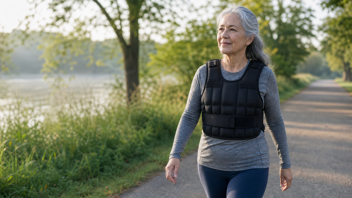 Woman over 50 walking outdoors with a weighted vest