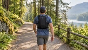 Weighted vest for hiking on a broad stable forest trail