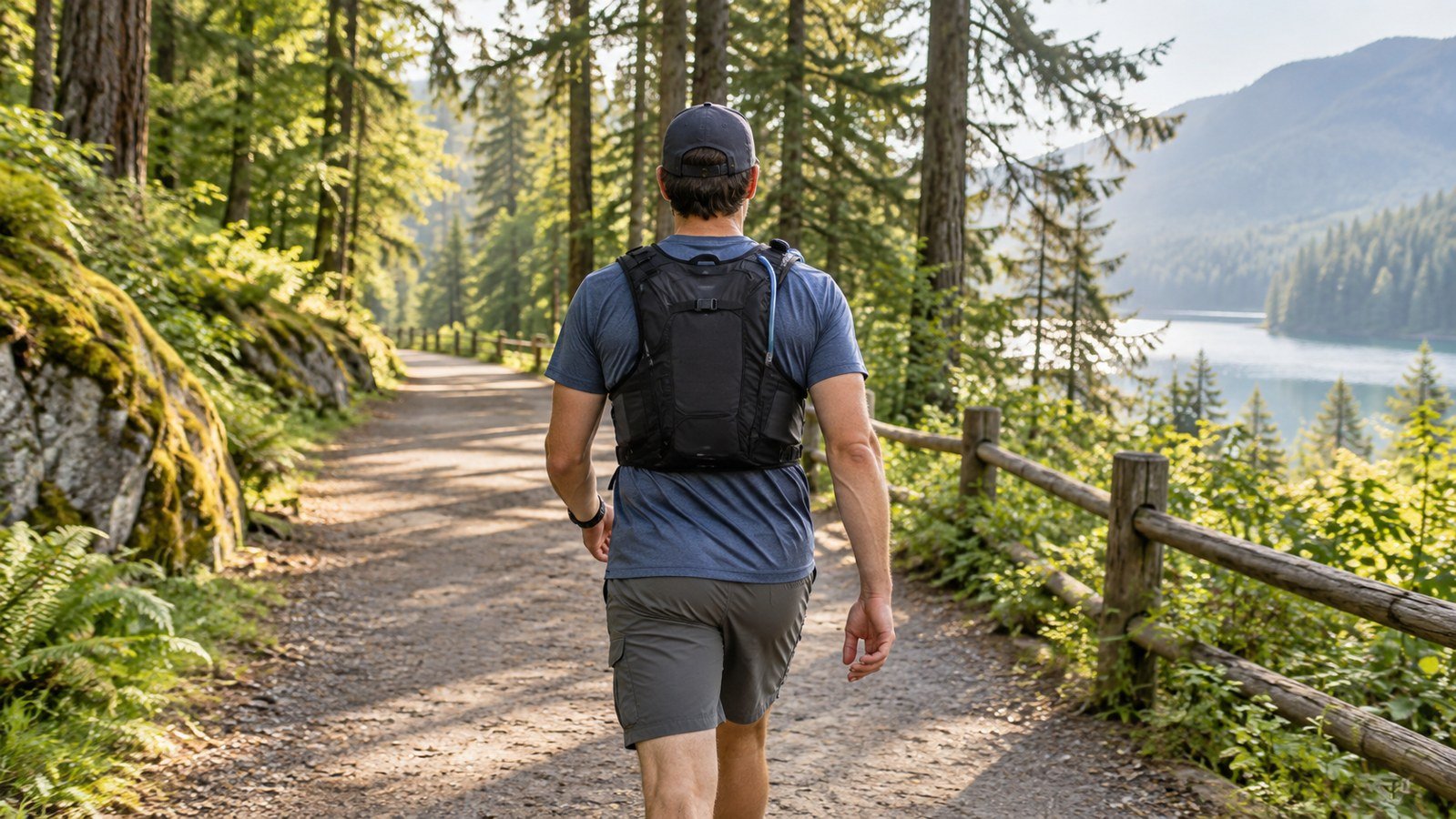 Weighted vest for hiking on a broad stable forest trail