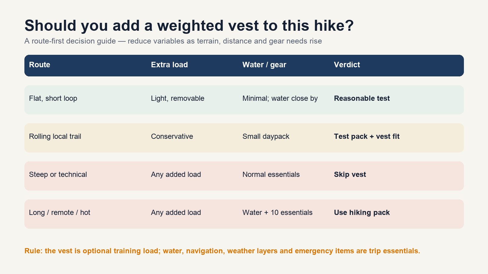 Weighted vest for hiking route and load decision matrix