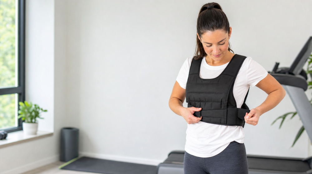 Beginner adjusting a weighted vest before a walking workout