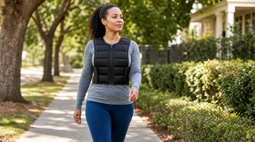 Person walking outside with a weighted vest for a low-impact workout