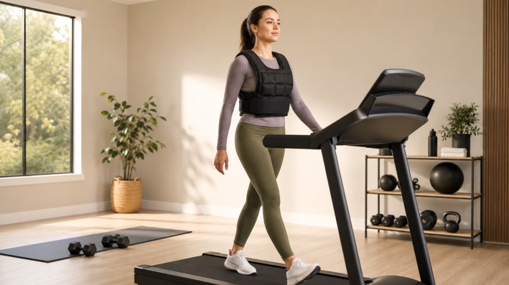 Beginner weighted vest treadmill workout on a home treadmill