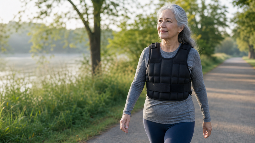 Woman over 50 walking outdoors with a weighted vest