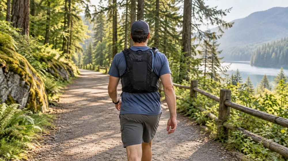 Weighted vest for hiking on a broad stable forest trail